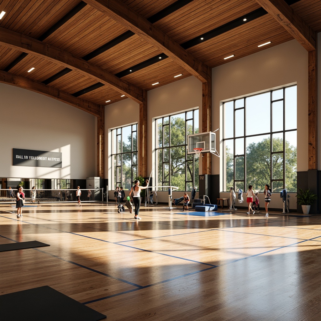 Prompt: Modern gymnasium interior, high ceilings, polished wooden floors, mirrored walls, professional sports equipment, basketball hoops, volleyball nets, athletic tracks, exercise machines, free weights, yoga mats, motivational quotes, natural light, soft warm lighting, shallow depth of field, 3/4 composition, panoramic view, realistic textures, ambient occlusion.