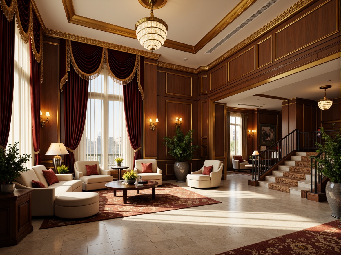 Prompt: Luxurious hotel lobby, rich wood tones, ornate furnishings, velvet drapes, golden accents, crystal chandeliers, marble floors, soft warm lighting, elegant archways, grand staircases, refined classicism style, muted earthy colors, beige walls, cream ceilings, dark wood paneling, subtle patterned carpets, sophisticated ambiance, warm inviting atmosphere, 1/1 composition, shallow depth of field, realistic textures.