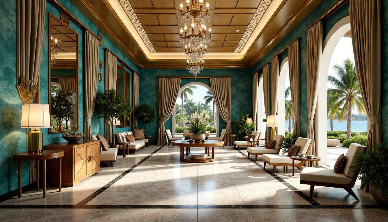 Prompt: Luxurious Art Deco mansion, opulent gold accents, rich jewel-toned walls, lavish geometric patterns, ornate metalwork, bold black outlines, vibrant turquoise hues, creamy whites, warm beige tones, metallic silver highlights, glamorous crystal chandeliers, intricate marble floors, lavish velvet drapes, sun-kissed Miami Beach scenery, bright clear skies, shallow depth of field, 1/1 composition, dramatic low-angle shot, cinematic lighting, realistic reflections.