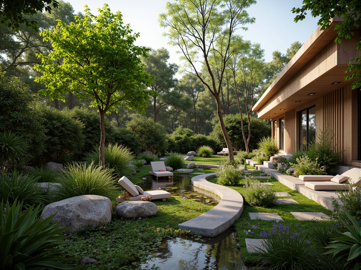 Prompt: Lush greenery, curved lines, organic forms, natural stone walls, wooden accents, earthy tones, serene ambiance, private gardens, meandering pathways, tranquil water features, koi ponds, bamboo groves, tropical plants, vibrant flowers, soft warm lighting, shallow depth of field, 3/4 composition, panoramic view, realistic textures, ambient occlusion, modern villa architecture, sustainable design, eco-friendly materials, innovative irrigation systems, shaded outdoor spaces.