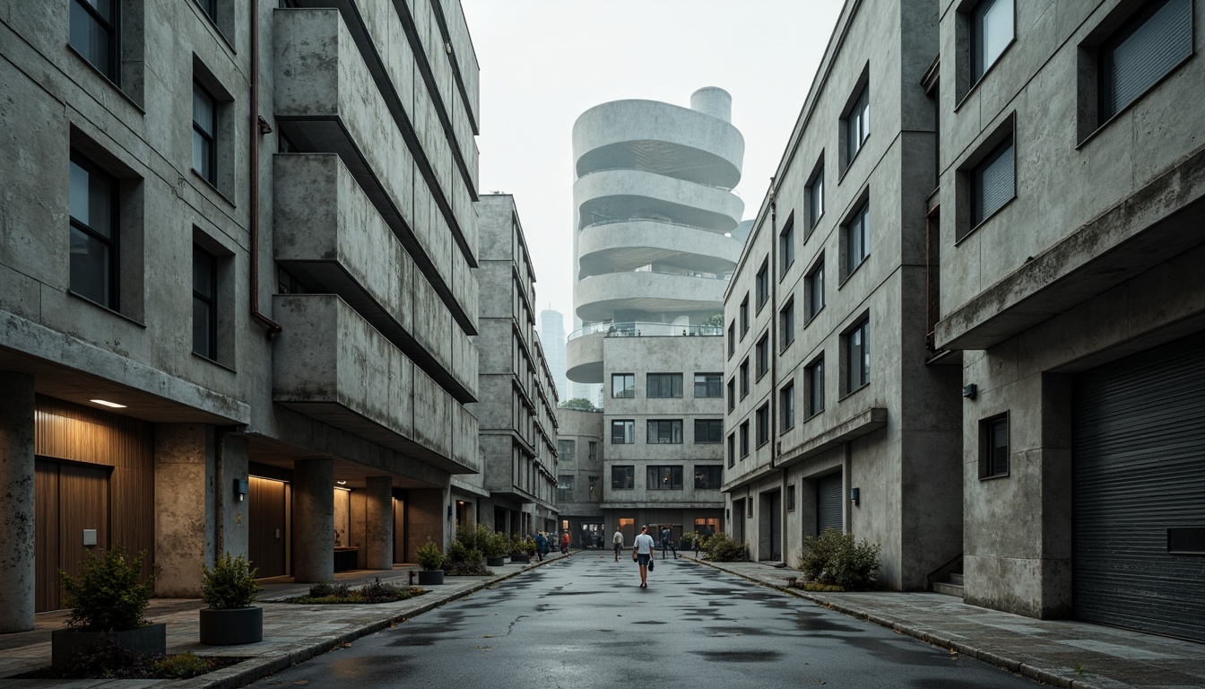 Prompt: Massive concrete forms, brutalist architecture, industrial distribution center, rugged textures, raw concrete walls, exposed ductwork, steel beams, functional minimalism, urban landscape, overcast skies, dramatic shadows, high-contrast lighting, cinematic composition, symmetrical framing, abstract geometric patterns, distressed metal accents, weathered wood tones, utilitarian aesthetic, functional simplicity, imposing scale, monumental presence.