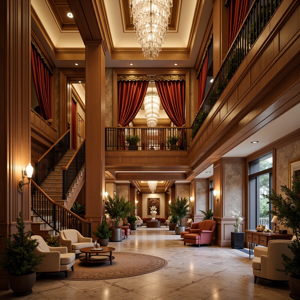 Prompt: Luxurious hotel lobby, marble floors, ornate chandeliers, grand staircase, velvet drapes, rich wood paneling, gilded frames, intricate moldings, crystal sconces, plush carpets, elegant furnishings, neoclassical architecture, symmetrical facade, Corinthian columns, arched windows, rusticated stone walls, warm golden lighting, soft focus, shallow depth of field, 2/3 composition, realistic textures, ambient occlusion.