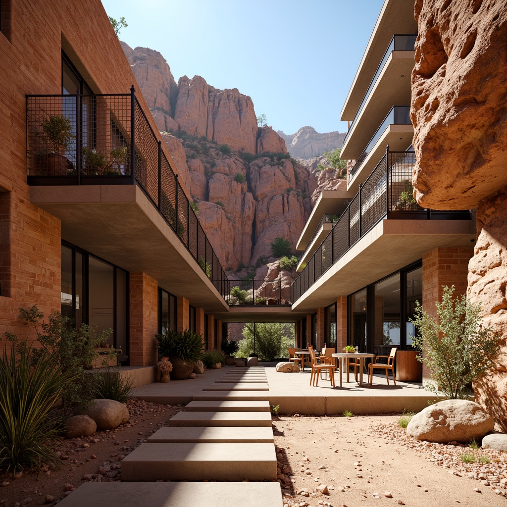 Prompt: Rugged canyon landscape, rust-colored rock formations, modernist architecture, cantilevered buildings, steel frames, glass facades, minimalist design, clean lines, industrial materials, exposed ductwork, polished concrete floors, reclaimed wood accents, metal mesh railings, floor-to-ceiling windows, sliding glass doors, natural ventilation systems, passive solar design, desert flora, succulent plants, sandy terrain, warm sunny day, high contrast lighting, dramatic shadows, 1/1 composition, symmetrical framing, realistic textures, ambient occlusion.