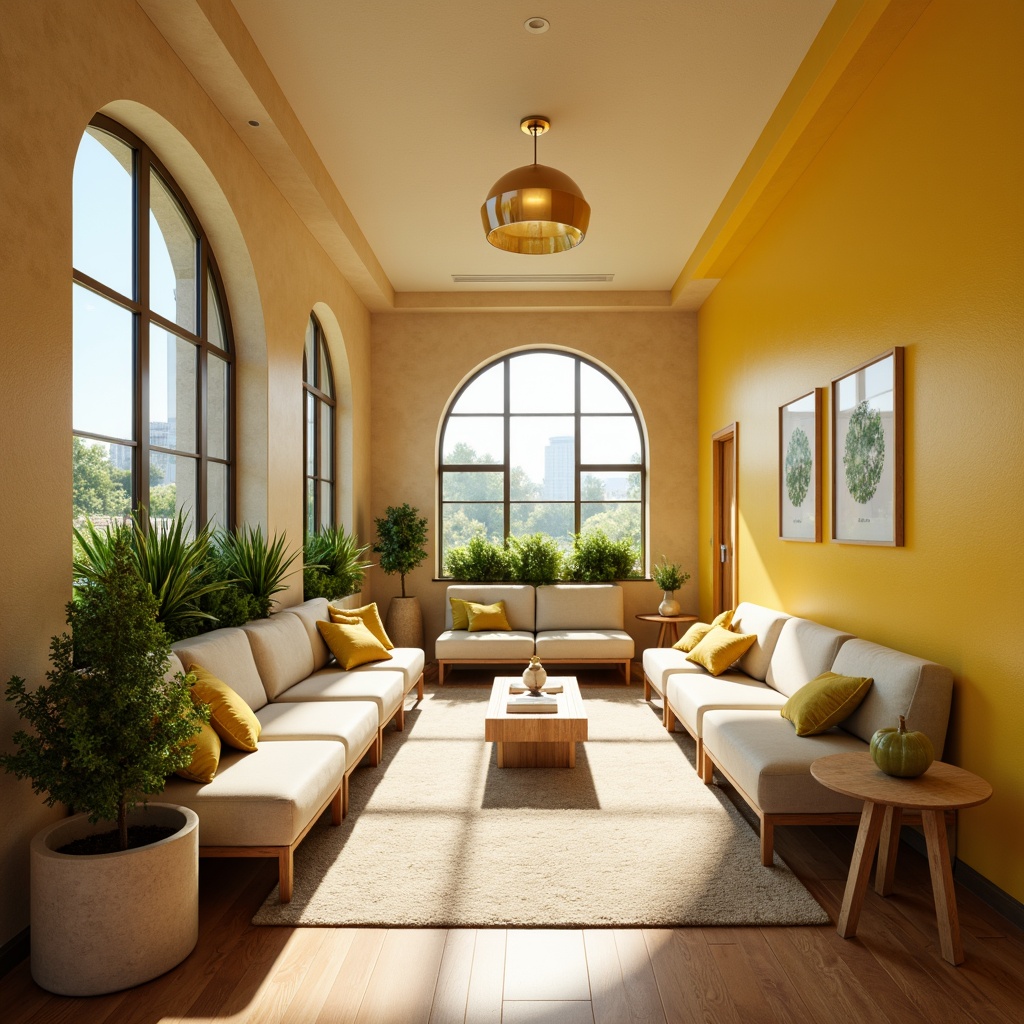 Prompt: Vibrant yellow accents, calming natural light, soothing beige walls, comfortable seating areas, lush green plants, warm wooden floors, cozy reading nooks, gentle curves, soft cushions, uplifting artwork, serene ambiance, peaceful atmosphere, calming color scheme, harmonious design elements, nature-inspired patterns, subtle texture contrasts, inviting community spaces, relaxing wellness zones, rejuvenating therapy rooms, bright sunny days, shallow depth of field, 1/1 composition, realistic renderings, ambient occlusion.