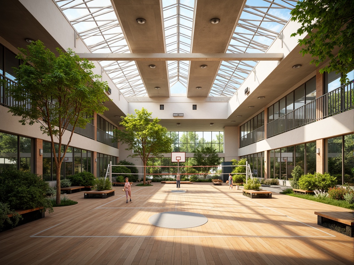 Prompt: Spacious gymnasium, high ceilings, clerestory windows, natural light pouring in, athletic equipment, basketball hoops, volleyball nets, exercise machines, wooden floors, mirrored walls, modern architecture, minimalist design, abundant greenery, lush plants, vibrant colors, warm atmosphere, soft shadows, shallow depth of field, 1/1 composition, realistic textures, ambient occlusion.