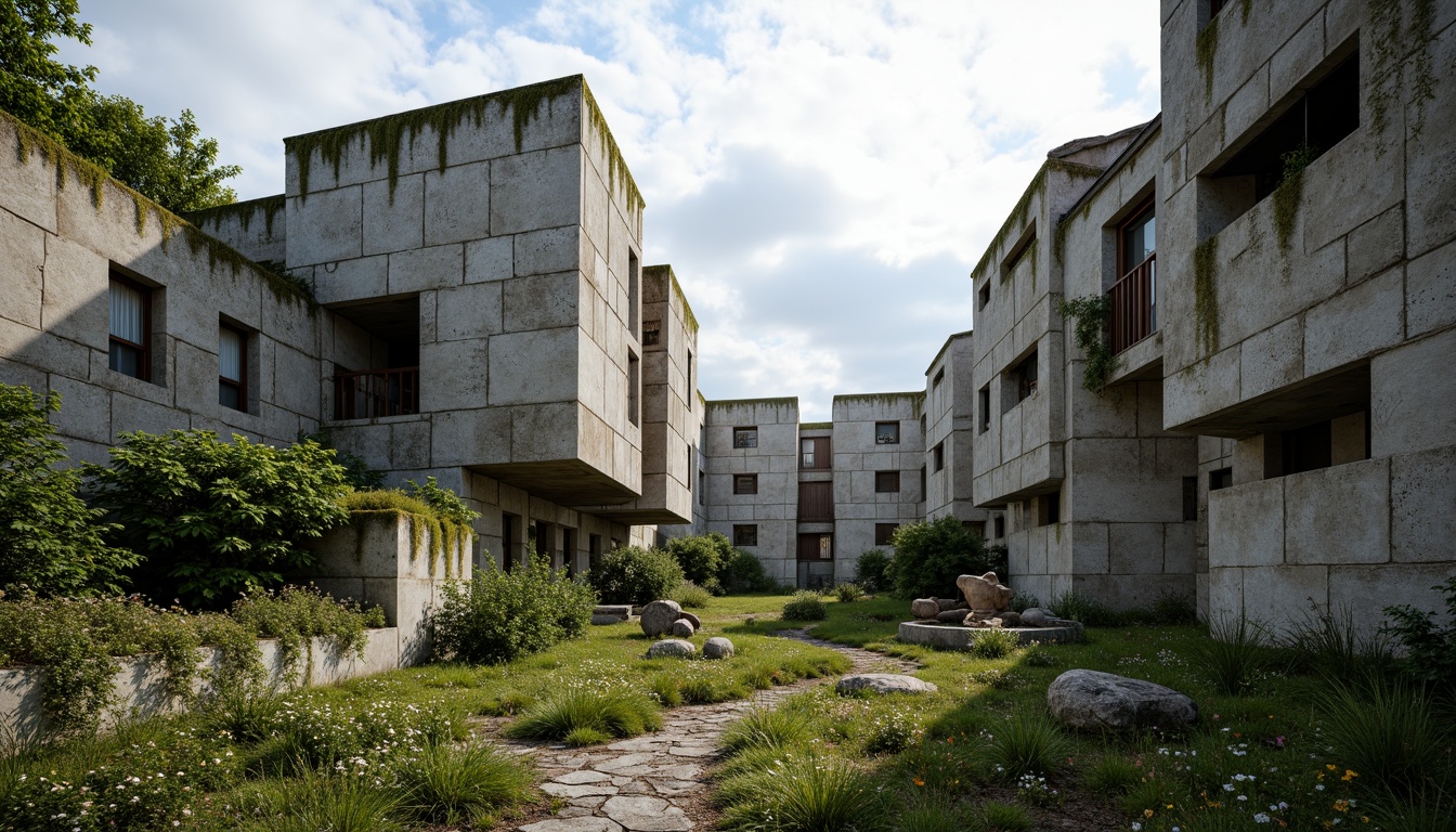 Prompt: Rugged brutalist buildings, raw concrete textures, fortress-like structures, overgrown vegetation, wildflowers, moss-covered walls, industrial landscapes, abandoned factories, crumbling infrastructure, distressed metal accents, exposed ductwork, brutalist sculptures, harsh natural lighting, dramatic shadows, 3/4 composition, low-angle shot, gritty realistic renderings, ambient occlusion.