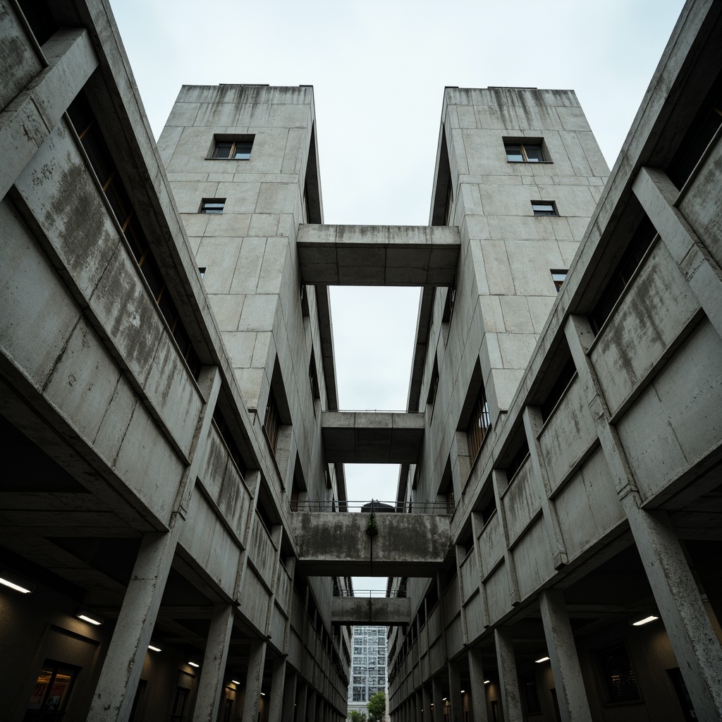 Prompt: Massive concrete forms, brutalist architecture, industrial distribution center, rugged textures, exposed ductwork, raw steel beams, functional minimalism, urban cityscape, overcast skies, dramatic shadows, high-contrast lighting, cinematic composition, symmetrical framing, bold geometric shapes, reinforced materials, utilitarian aesthetic, functional simplicity, mechanized systems, metallic accents, distressed finishes, monumental scale, imposing presence, atmospheric misting.