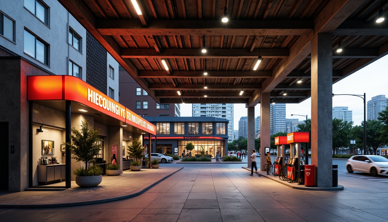 Prompt: Urban gas station, industrial chic, metallic accents, neon signage, bold typography, concrete flooring, steel beams, modern LED lighting, sleek fuel pumps, urban landscape, cityscape views, busy streets, morning commute, soft warm glow, shallow depth of field, 1/1 composition, realistic textures, ambient occlusion.