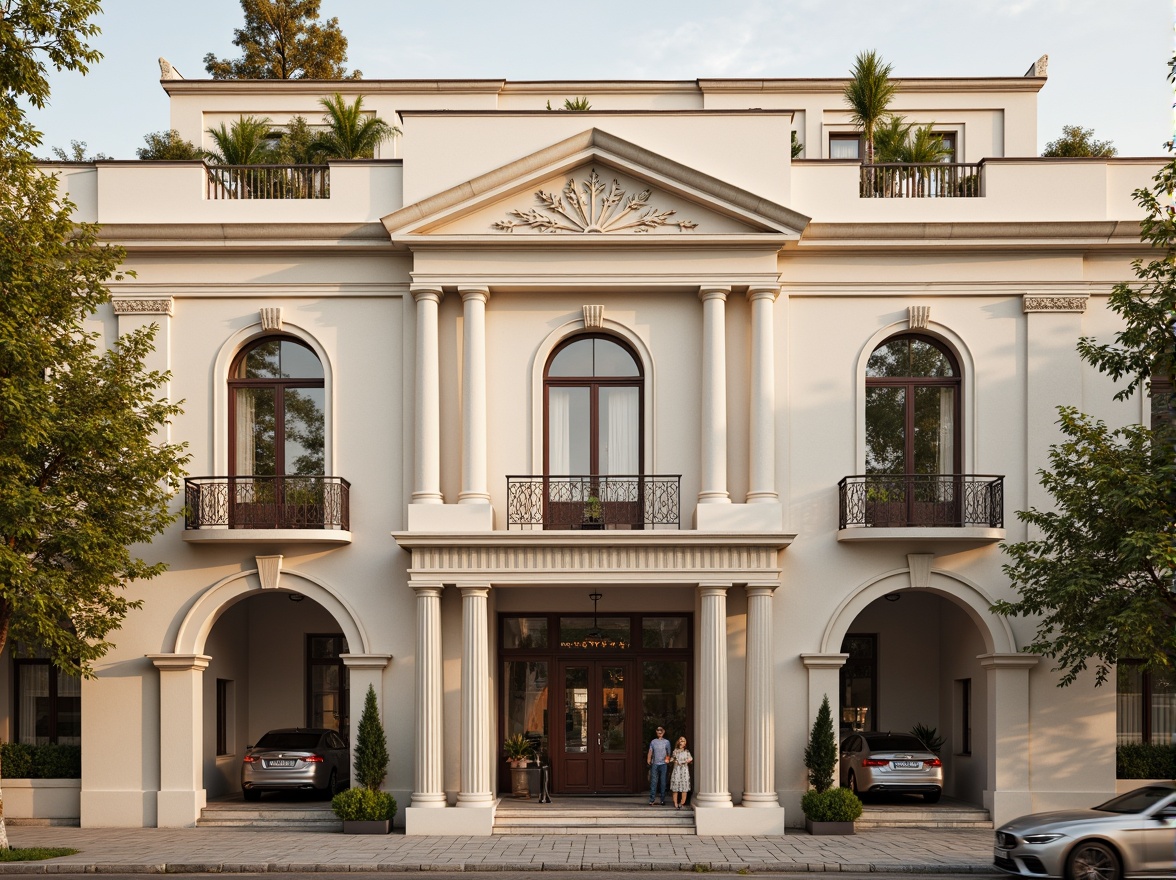 Prompt: Elegant social housing facade, neoclassical architecture style, symmetrical composition, ornate details, grand entrance, ionic columns, decorative pilasters, rusticated base, arched windows, balconies with intricate metalwork, soft cream-colored stucco, subtle texture variations, warm golden lighting, shallow depth of field, 1/2 composition, realistic materials, ambient occlusion.