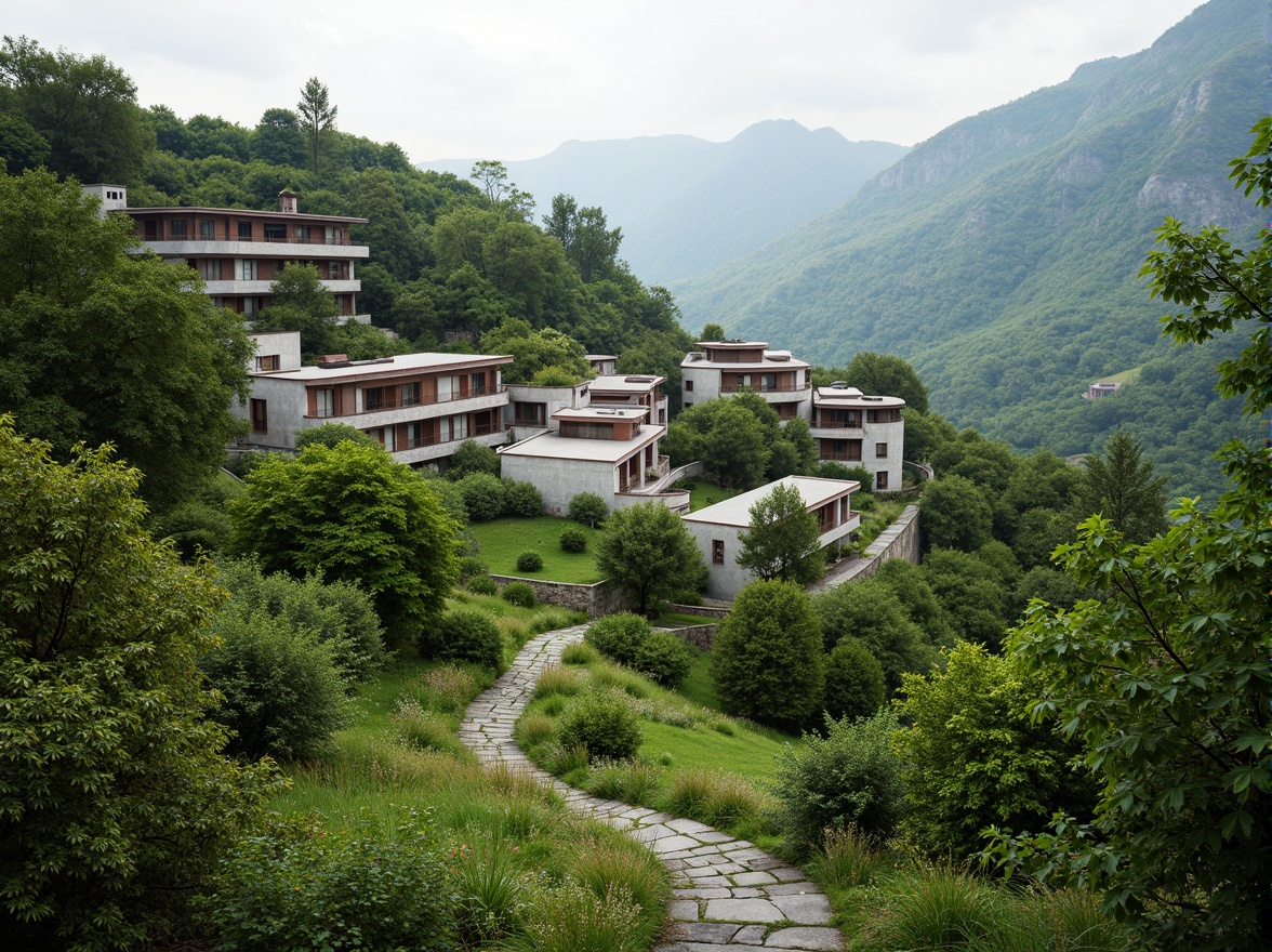 Prompt: Rustic hillside, lush green vegetation, winding stone pathways, modernist Bauhaus buildings, flat roofs, rectangular forms, industrial materials, steel frames, large windows, minimalist decor, functional design, harmonious integration, natural surroundings, rolling hills, serene atmosphere, soft diffused lighting, shallow depth of field, 2/3 composition, panoramic view, realistic textures, ambient occlusion.