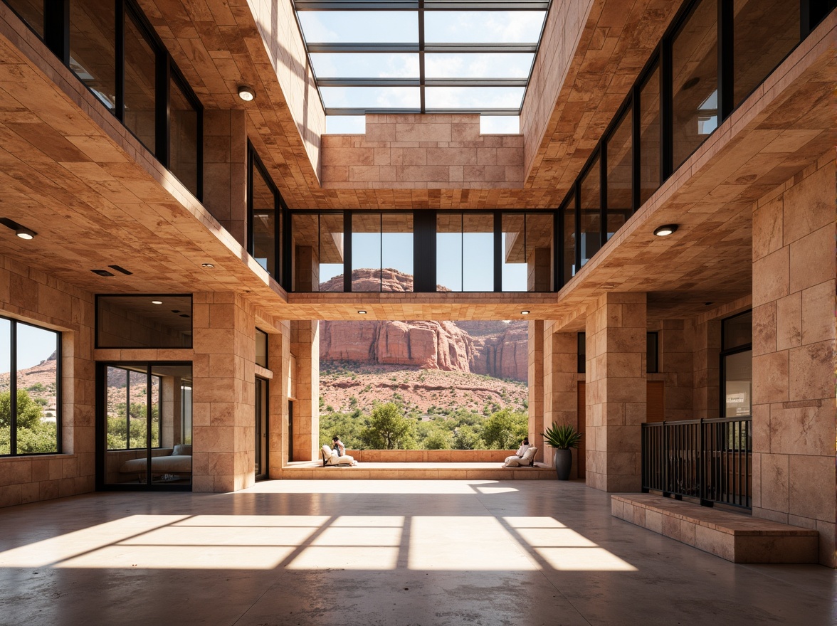 Prompt: Canyon-inspired building, rugged stone fa\u00e7ade, earthy tones, natural light pouring in, large windows, clerestory windows, skylights, open floor plans, minimalist interior design, industrial-style lighting fixtures, exposed ductwork, polished concrete floors, wooden accents, desert landscape views, red rock formations, vast open spaces, warm sunny day, soft diffused lighting, high contrast ratio, 1/1 composition, realistic textures, ambient occlusion.