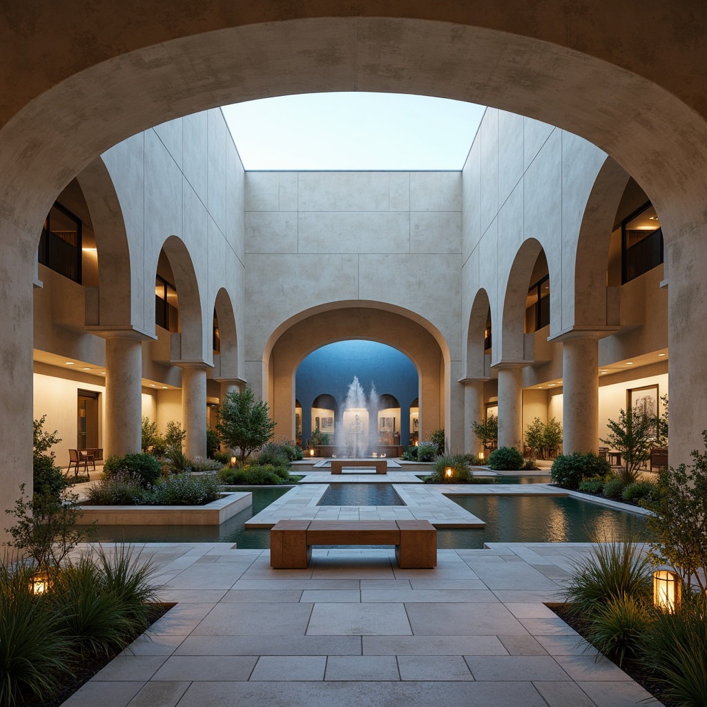 Prompt: Solemn memorial center, muted earth tones, soft beige walls, calming blue accents, natural stone flooring, wooden benches, serene gardens, peaceful water features, subtle lighting, warm candlelight, shallow depth of field, 1/1 composition, realistic textures, ambient occlusion, gentle misting systems, elegant typography, minimalist design, respectful atmosphere.