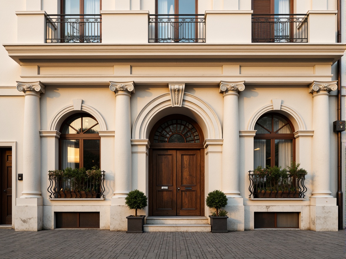 Prompt: Elegant social housing facade, neoclassical architecture style, symmetrical composition, ornate details, grand entrance, ionic columns, decorative pilasters, rusticated base, arched windows, balconies with intricate metalwork, soft cream-colored stucco, subtle texture variations, warm golden lighting, shallow depth of field, 1/2 composition, realistic materials, ambient occlusion.