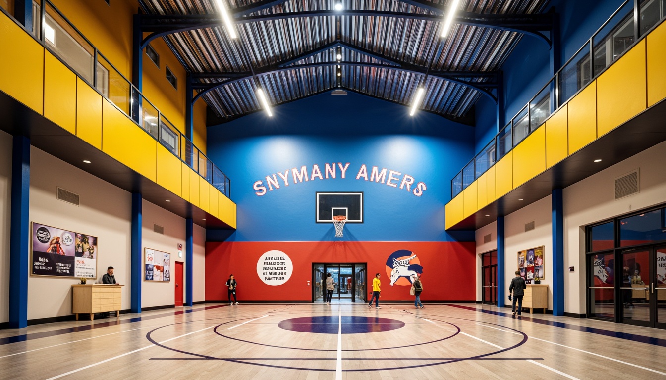 Prompt: Vibrant gymnasium interior, modernist architecture, bold color scheme, bright blue accents, energetic yellow tones, deep red hues, sleek metal beams, polished concrete floors, minimalist decor, industrial chic lighting, geometric patterns, abstract artwork, motivational quotes, athletic equipment displays, trophy cases, dynamic shadows, high-contrast lighting, 1/2 composition, realistic textures, ambient occlusion.