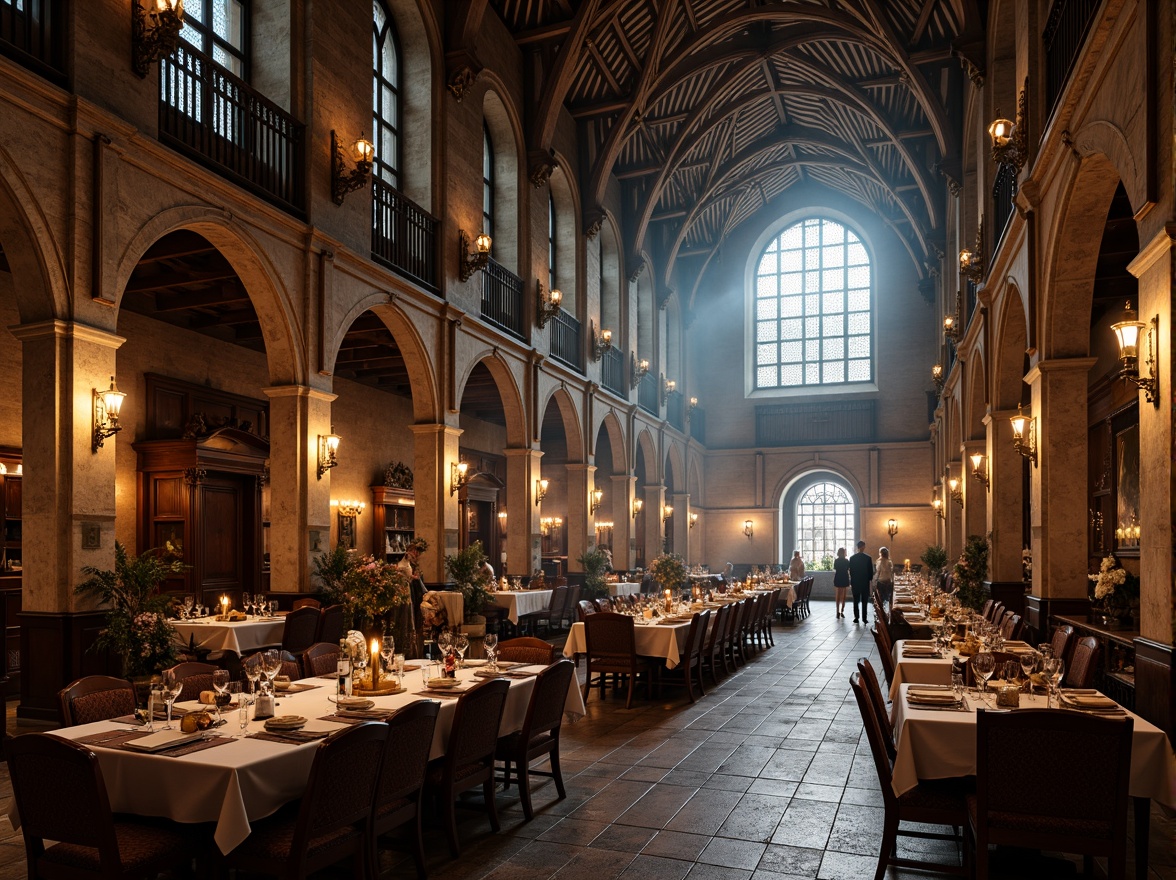 Prompt: Grand dining hall, ornate columns, rustic stone walls, vaulted ceilings, stained glass windows, warm candlelight, rich wood furnishings, elegant chandeliers, lavish textiles, intricate carvings, medieval-inspired architecture, robust archways, imposing pillars, dramatic verticality, atmospheric misting, soft warm lighting, 1/1 composition, realistic textures, ambient occlusion.