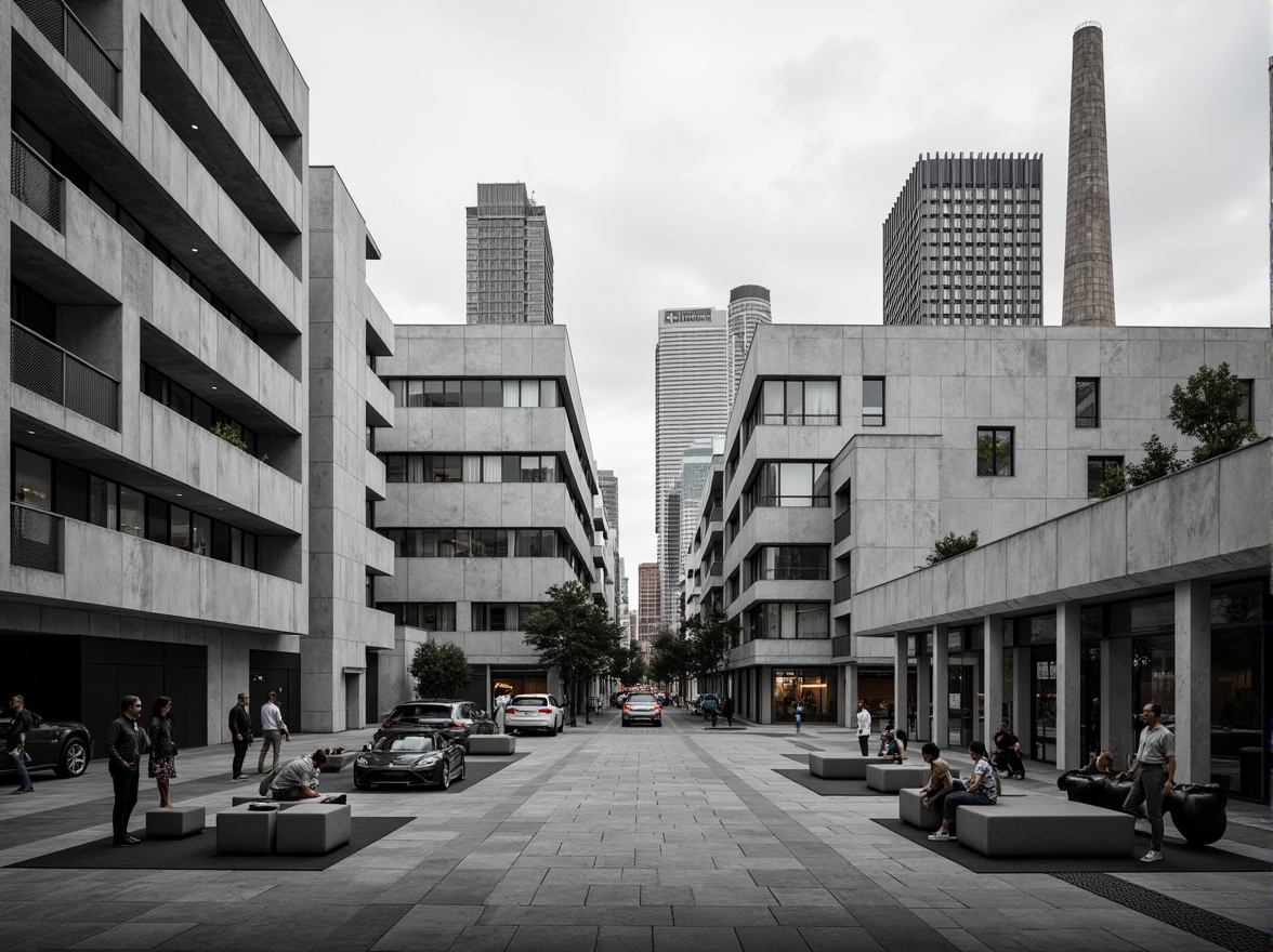 Prompt: Geometric buildings, brutalist architecture, raw concrete textures, industrial materials, minimalist decor, open floor plans, functional spaces, modular furniture, urban cityscape, busy streets, modern skyscrapers, abstract sculptures, monochromatic color scheme, high contrast lighting, dramatic shadows, 1/1 composition, symmetrical framing, stark atmospheric mood, realistic renderings.