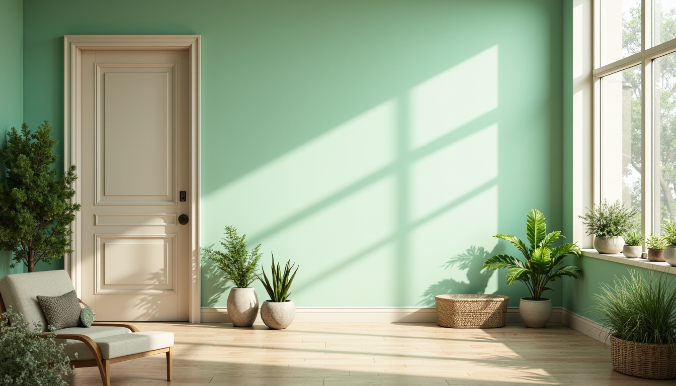 Prompt: Pastel mint walls, soft creamy trim, warm beige floors, natural wood accents, minimalist decor, calming atmosphere, abundant greenery, lush plants, delicate florals, subtle texture overlays, gentle gradient transitions, softbox lighting, shallow depth of field, 1/1 composition, realistic renderings, ambient occlusion.