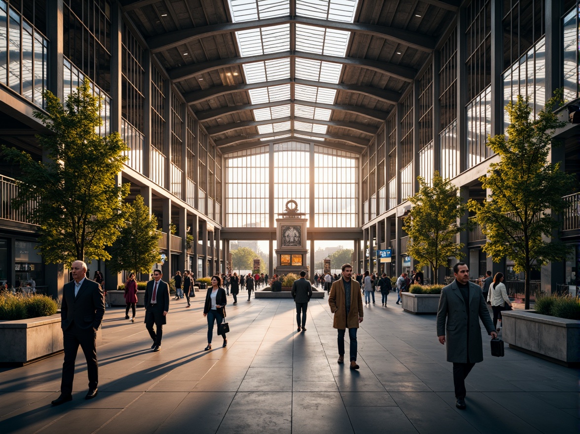 Prompt: Grand train station, high ceilings, large windows, natural light pouring in, steel beams, industrial architecture, modern design, urban atmosphere, busy commuters, rush hour scene, soft warm lighting, shallow depth of field, 1/1 composition, realistic textures, ambient occlusion, glass roofs, skylights, clerestory windows, open spaces, pedestrian walkways, public art installations, urban furniture, greenery, plants, trees.