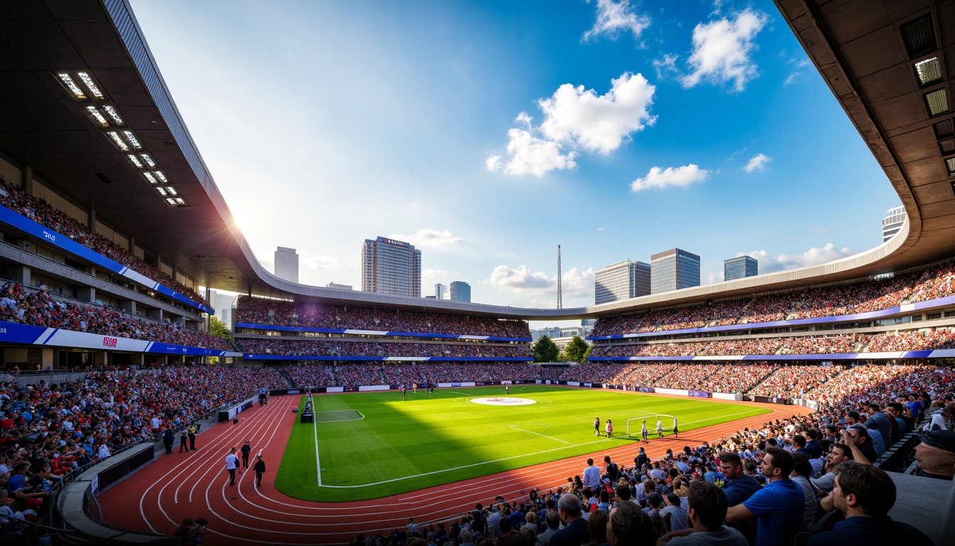 Prompt: Vibrant football stadium, energetic crowd, bold team colors, dynamic LED lighting, sleek modern architecture, angular lines, metallic materials, lush green grass, athletic track, scoreboard displays, goalposts, stadium seating, urban cityscape, cloudy blue sky, warm sunny day, shallow depth of field, 3/4 composition, panoramic view, realistic textures, ambient occlusion.