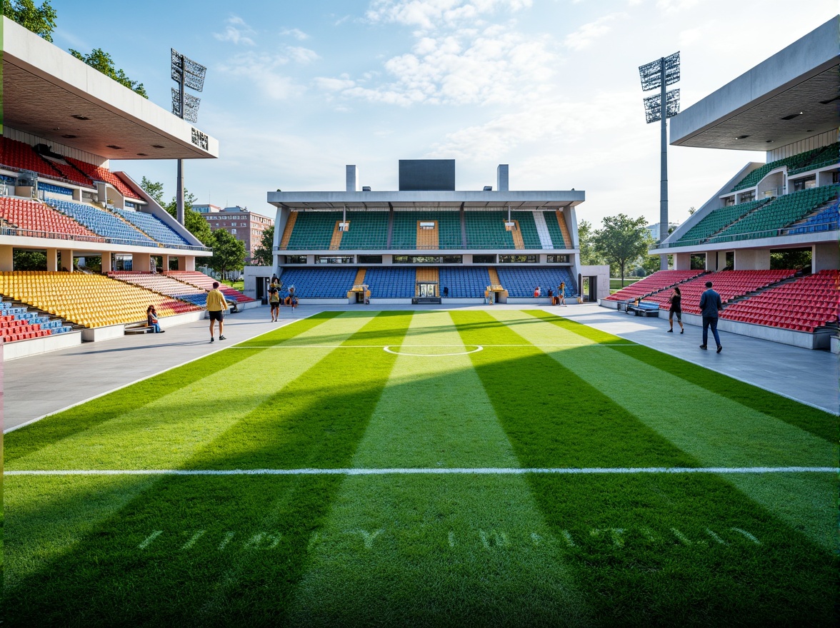 Prompt: Natural grass turf, athletic track lanes, sports equipment, goalposts, stadium seating, vibrant team colors, modern LED scoreboards, sleek metal railings, rubberized flooring, textured concrete walls, dynamic lighting systems, misting cooling systems, shaded spectator areas, 3/4 composition, panoramic view, realistic textures, ambient occlusion.