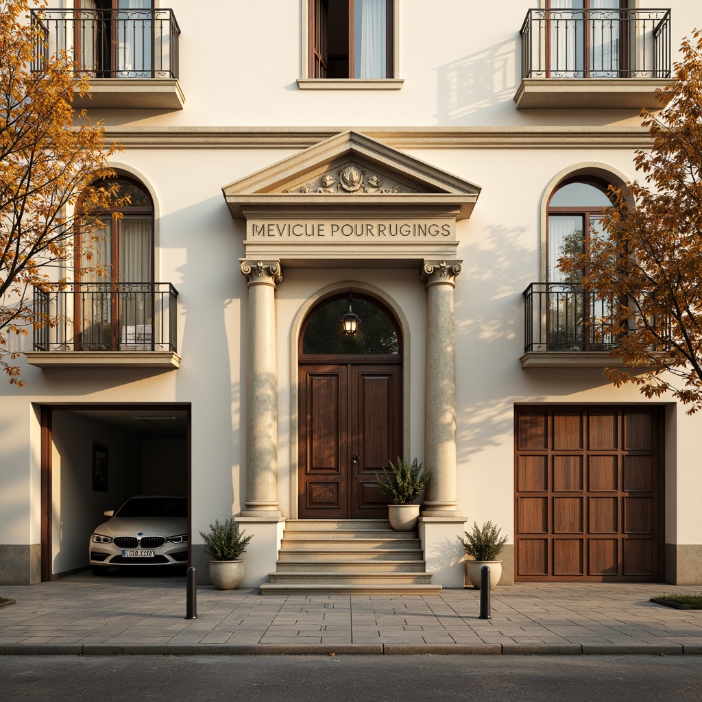 Prompt: Elegant social housing facade, neoclassical architecture style, symmetrical composition, ornate details, grand entrance, ionic columns, decorative pilasters, rusticated base, arched windows, balconies with intricate metalwork, soft cream-colored stucco, subtle texture variations, warm golden lighting, shallow depth of field, 1/2 composition, realistic materials, ambient occlusion.