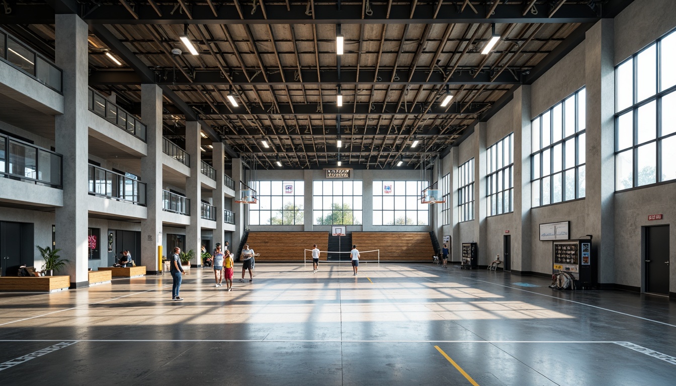 Prompt: Modern gymnasium interior, exposed structural frame, sleek steel beams, minimalist columns, polished concrete floors, industrial-style lighting, large windows, natural ventilation, open spaces, athletic equipment, basketball hoops, volleyball nets, exercise machines, wooden bleachers, dynamic color scheme, bold typography, geometric patterns, urban atmosphere, high ceilings, abundant natural light, shallow depth of field, 1/1 composition, realistic textures, ambient occlusion.