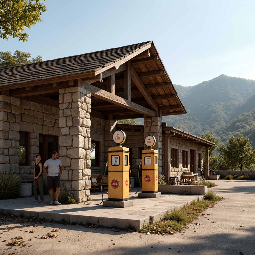 Prompt: Rustic gas station, regionalism style, earthy tones, natural stone walls, wooden accents, sloping roofs, vintage petrol pumps, retro-style signage, rural landscape, rolling hills, scattered trees, sunny afternoon, warm soft lighting, shallow depth of field, 1/2 composition, realistic textures, ambient occlusion.