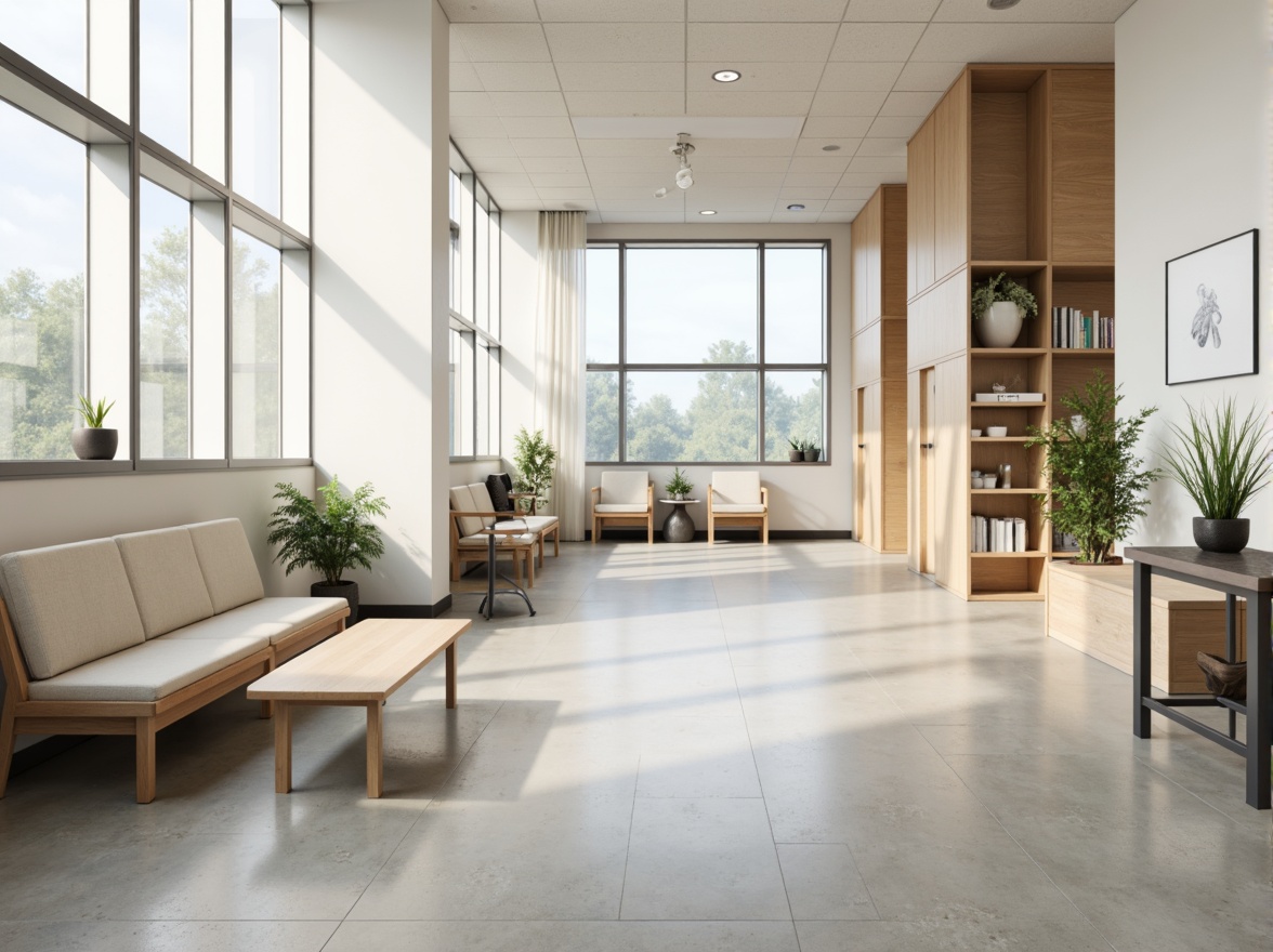 Prompt: Minimalist hospital interior, clean white walls, polished concrete floors, simple wooden furniture, sleek metal equipment, natural light pouring in through large windows, calming greenery, subtle ambient lighting, soft beige tones, ergonomic seating areas, quiet waiting zones, private patient rooms, modern medical devices, stainless steel surfaces, sterile environments, organized storage spaces, efficient circulation paths, 1/1 composition, shallow depth of field, realistic textures.