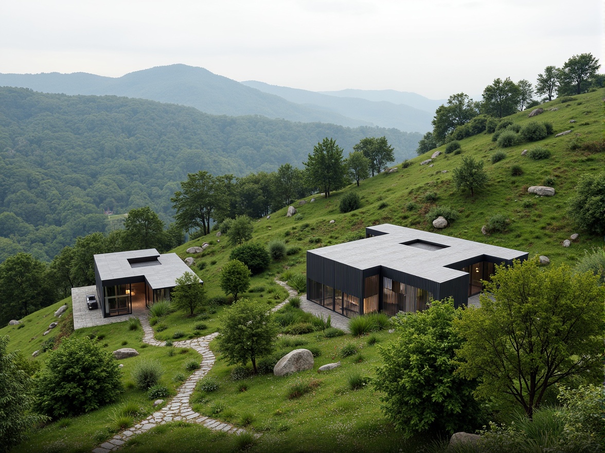 Prompt: Rustic hillside, lush green vegetation, winding stone pathways, modernist Bauhaus buildings, flat roofs, rectangular forms, industrial materials, steel frames, large windows, minimalist decor, functional design, harmonious integration, natural surroundings, rolling hills, serene atmosphere, soft diffused lighting, shallow depth of field, 2/3 composition, panoramic view, realistic textures, ambient occlusion.