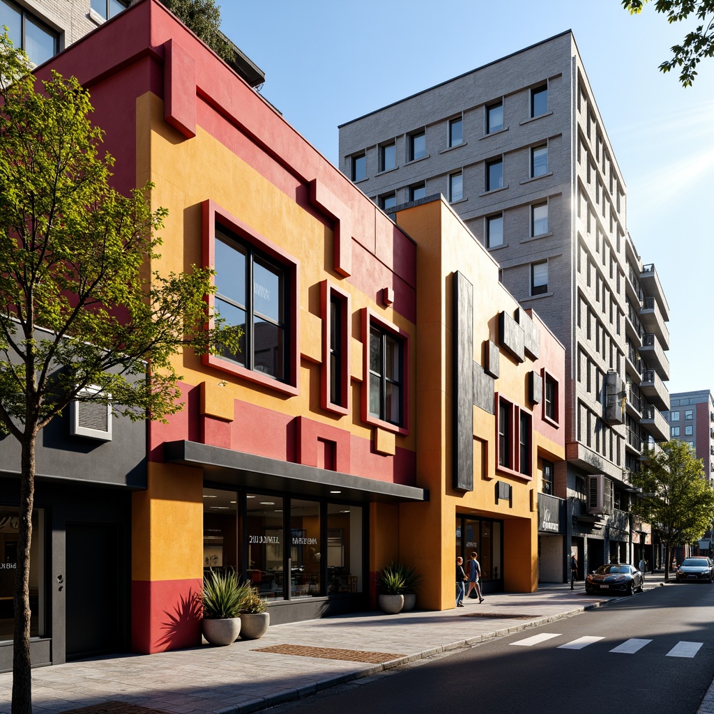 Prompt: Vibrant storefront, expressive asymmetrical facade, bold geometric shapes, bright primary colors, abstract patterns, dynamic angular lines, irregular forms, eclectic mix of materials, industrial metal accents, reclaimed wood textures, urban cityscape, bustling streets, pedestrian traffic, morning sunlight, high-contrast shadows, dramatic spotlighting, 1/2 composition, low-angle shot, gritty realistic rendering.