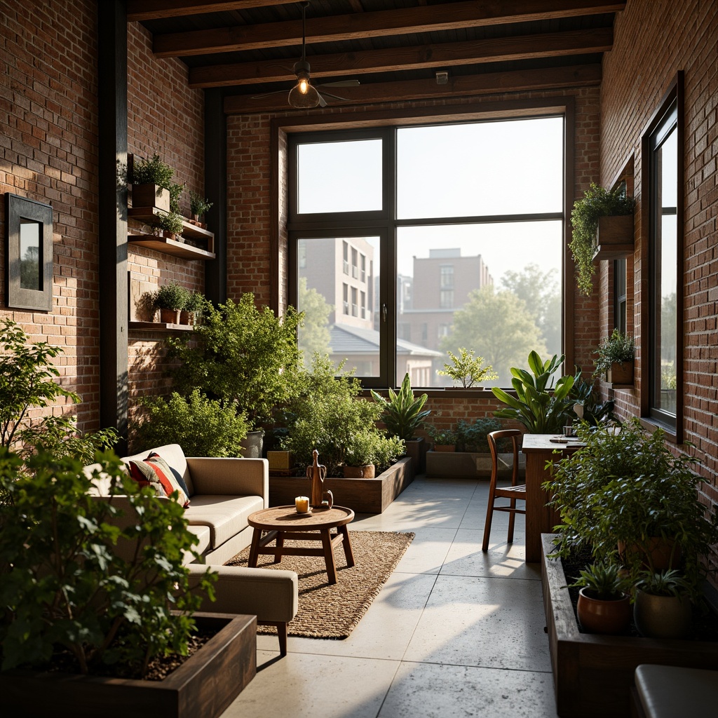 Prompt: Exposed brick walls, reclaimed wood accents, industrial metal beams, vintage decorative items, lush greenery, natural textiles, earthy color palette, soft warm lighting, cozy intimate spaces, minimalist decor, eco-friendly materials, rainwater harvesting systems, solar panels, green roofs, living walls, urban garden views, misty morning atmosphere, shallow depth of field, 1/1 composition, realistic textures, ambient occlusion.