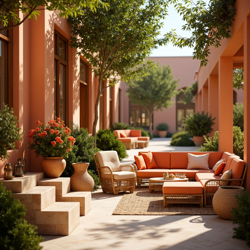 Prompt: Vibrant tangerine hues, warm orange tones, creamy whites, rich wood accents, natural textiles, woven baskets, earthy terracotta pots, lush greenery, blooming flowers, sunny afternoon, soft warm lighting, shallow depth of field, 3/4 composition, panoramic view, realistic textures, ambient occlusion.