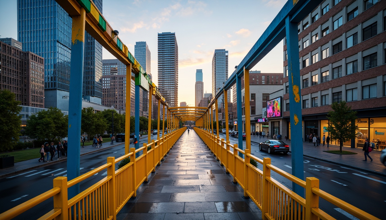 Prompt: Vibrant pedestrian bridge, bold color blocking, bright yellow railings, deep blue accents, neon green highlights, sleek metal beams, industrial textures, urban cityscape, bustling streets, modern skyscrapers, abstract geometric patterns, dynamic lighting effects, warm sunset ambiance, shallow depth of field, 1/1 composition, realistic reflections, ambient occlusion.