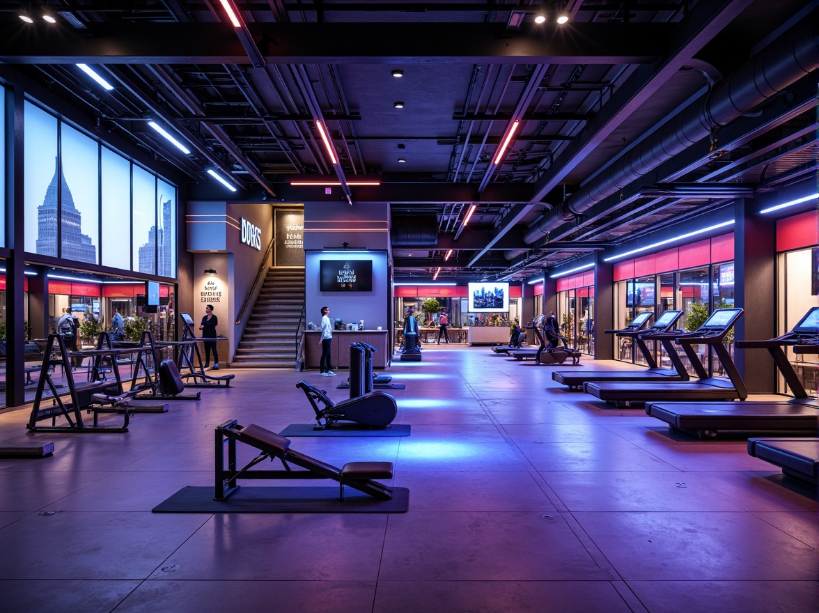 Prompt: Modern fitness club interior, high-tech equipment, sleek metal frames, neon-lit walls, futuristic lighting systems, mirrored floors, minimalist decor, industrial-chic atmosphere, state-of-the-art sound systems, motivational quotes, dynamic color schemes, energetic vibe, open-plan layout, functional zones, free-weight areas, cardio machines, strength training stations, yoga mats, meditation rooms, luxurious locker rooms, spa-inspired amenities, LED-lit staircases, panoramic city views, urban loft-style ceilings, polished concrete floors, metallic accents, innovative storage solutions.