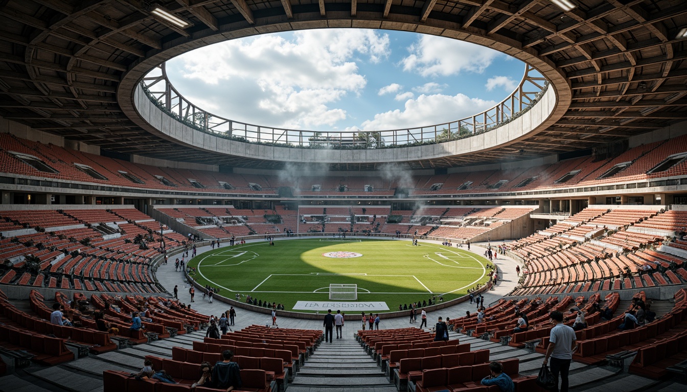 Prompt: Deconstructed soccer stadium interior, fragmented seating areas, irregularly shaped concession stands, distressed concrete walls, exposed ductwork, industrial-style lighting fixtures, reclaimed wood accents, abstract art installations, dynamic angular lines, asymmetrical compositions, bold color schemes, futuristic digital displays, immersive audio systems, atmospheric misting effects, 3/4 composition, shallow depth of field, realistic textures, ambient occlusion.