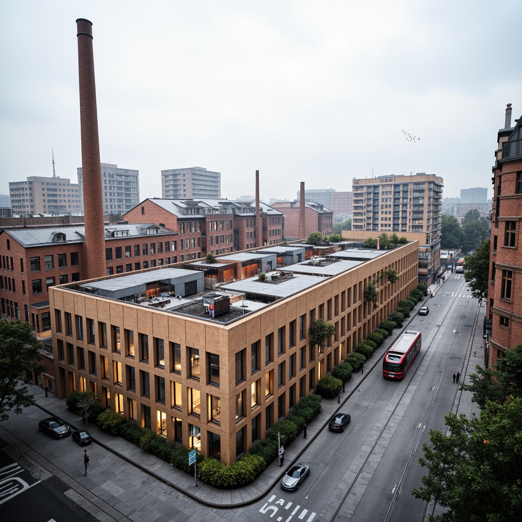 Prompt: Industrial-era factory, functionalist architecture, rectangular forms, clean lines, minimal ornamentation, steel frames, large windows, open floor plans, communal living spaces, rational design, efficient use of materials, bold color schemes, geometric patterns, urban landscape, modern cityscape, busy streets, tram tracks, pedestrian zones, cloudy skies, soft diffused lighting, shallow depth of field, 2/3 composition, symmetrical framing.