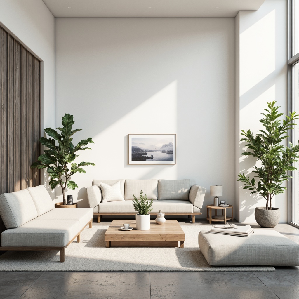 Prompt: Simple white walls, large windows, sliding glass doors, natural stone floors, minimal ornamentation, clean lines, monochromatic color scheme, abundant natural light, indirect sunlight, soft shadows, subtle textures, Nordic-inspired furniture, low-profile sofas, sleek coffee tables, potted greenery, airy atmosphere, calm ambiance, shallow depth of field, 1/1 composition, realistic rendering, ambient occlusion.