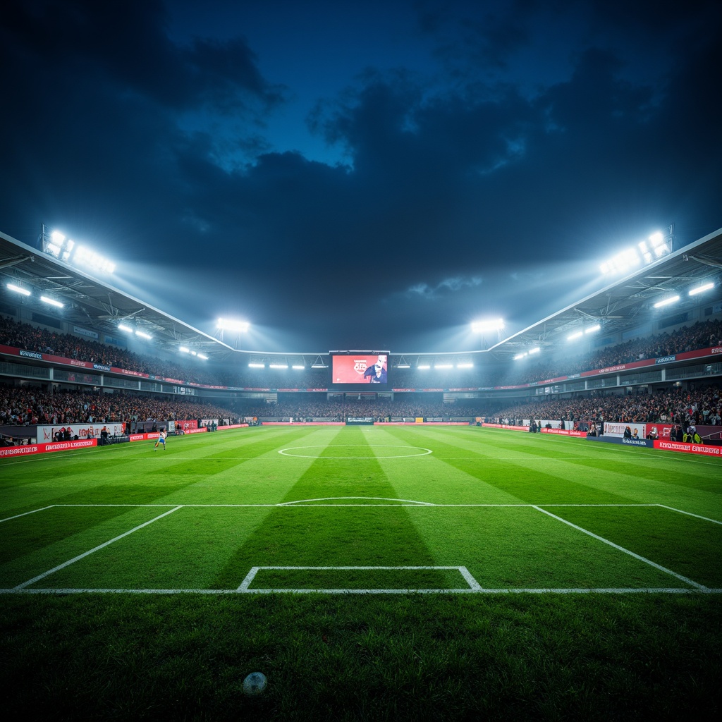 Prompt: Floodlit soccer stadium, vibrant green grass, evening atmosphere, dramatic shadows, high-intensity LED lights, uniform illumination, 3000K warm white tone, glare-free lighting, spectator seating areas, player tunnels, goalposts, scoreboards, giant video screens, dynamic light shows, pre-game entertainment, halftime performances, nighttime events, atmospheric fog effects, misty ambiance, shallow depth of field, 1/2 composition, wide-angle lens, realistic textures, ambient occlusion.