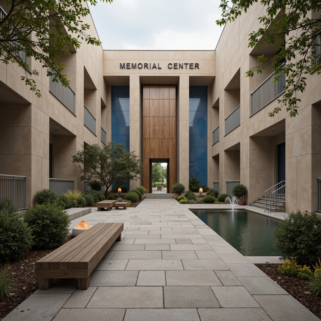 Prompt: Solemn memorial center, muted earth tones, soft beige walls, calming blue accents, natural stone flooring, wooden benches, serene gardens, peaceful water features, subtle lighting, warm candlelight, shallow depth of field, 1/1 composition, realistic textures, ambient occlusion, gentle misting systems, elegant typography, minimalist design, respectful atmosphere.