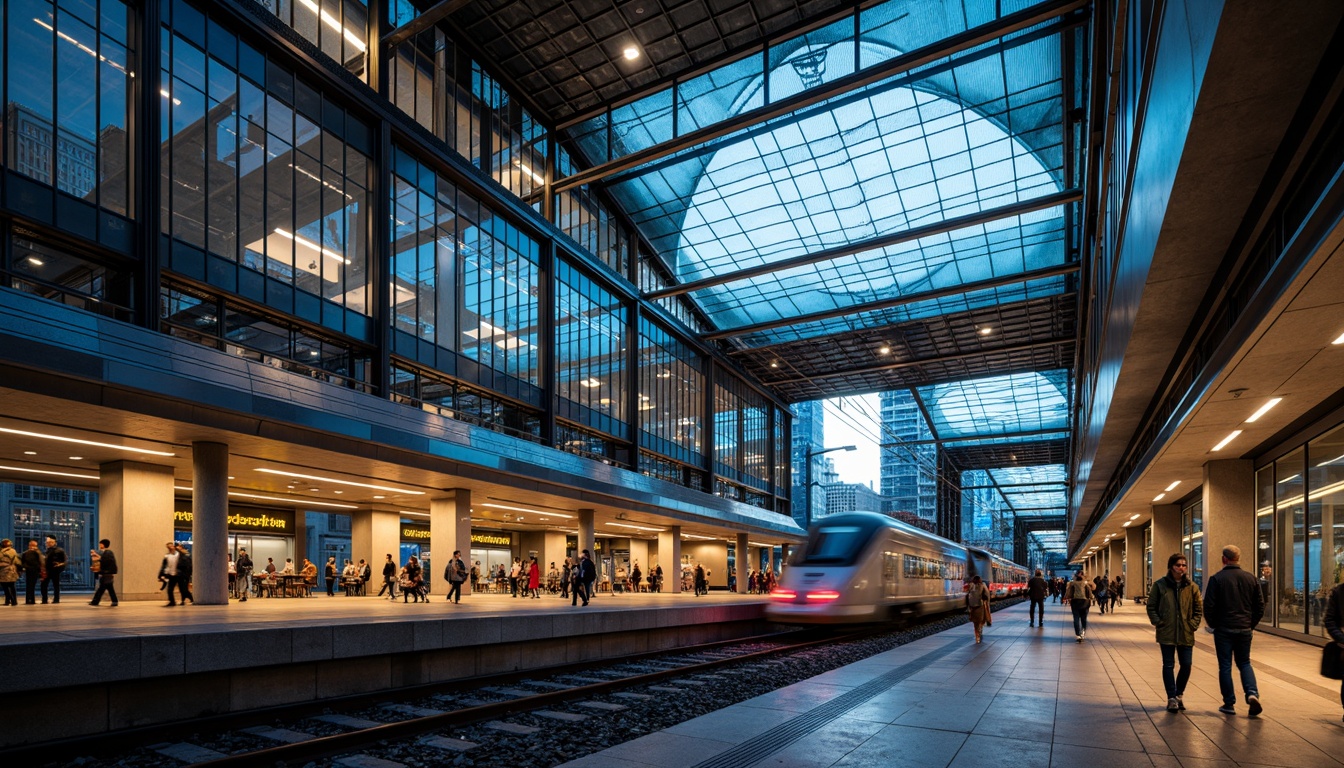 Prompt: Modern train station, sleek metal framework, large glass ceilings, bright LED lighting, warm color temperatures, high-contrast ratios, dynamic light simulations, realistic reflections, ambient occlusion, shallow depth of field, 3/4 composition, panoramic view, busy passenger traffic, rush hour atmosphere, urban cityscape, concrete flooring, steel beams, industrial design elements, futuristic architecture, energy-efficient systems, sustainable lighting solutions, motion sensors, automated lighting controls, soft warm glow, dramatic shadows.