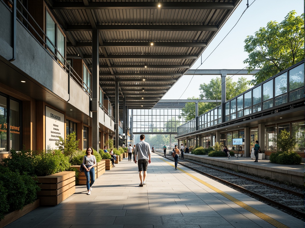 Prompt: Modern train station, academic architectural style, innovative fa\u00e7ade design, large glass windows, metal frames, cantilevered roofs, green walls, living plants, natural stone flooring, wooden accents, minimalist interior, educational signage, digital displays, futuristic lighting systems, shallow depth of field, 3/4 composition, panoramic view, realistic textures, ambient occlusion, bustling atmosphere, morning sunlight, soft warm glow.