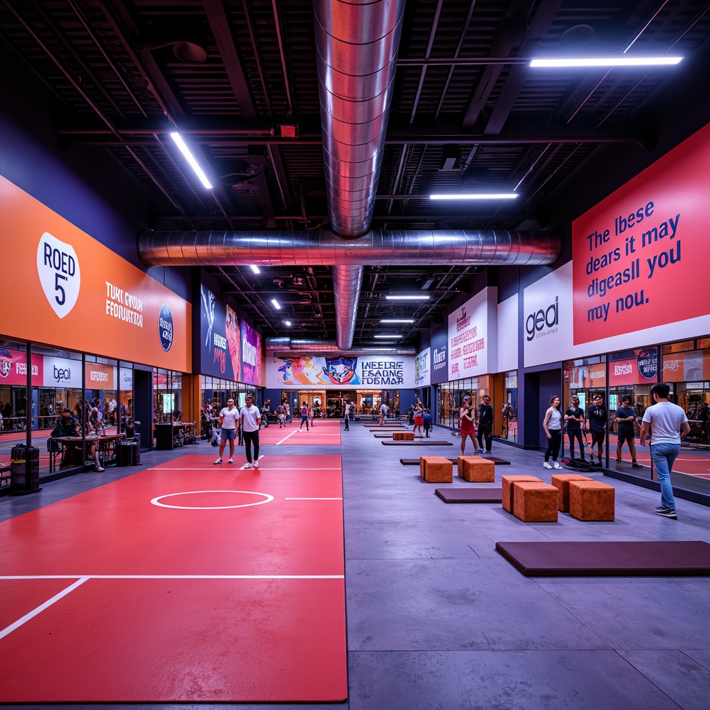 Prompt: Vibrant gym interior, bold color scheme, energetic atmosphere, dynamic sports equipment, motivational quotes, modern flooring materials, bright overhead lighting, high ceilings, spacious open areas, athletic tracks, basketball courts, tennis tables, exercise machines, free weights, yoga mats, mirrored walls, sleek metal beams, industrial-style ductwork, urban-inspired graffiti, neon-lit accents, 3/4 composition, shallow depth of field, realistic textures, ambient occlusion.