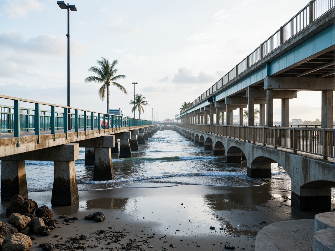 Prompt: Weathered steel bridges, rustic wooden piers, ocean-inspired railings, driftwood accents, sea-salted concrete foundations, coral-patterned stonework, misty morning light, soft ocean breeze, gentle wave movements, sandy beach approaches, rocky shoreline surroundings, nautical-themed signage, distressed metal textures, ocean-blue glass railings, curved structural lines, minimalist modern architecture, functional lighting systems, shallow water reflections, 1/2 composition, atmospheric perspective.