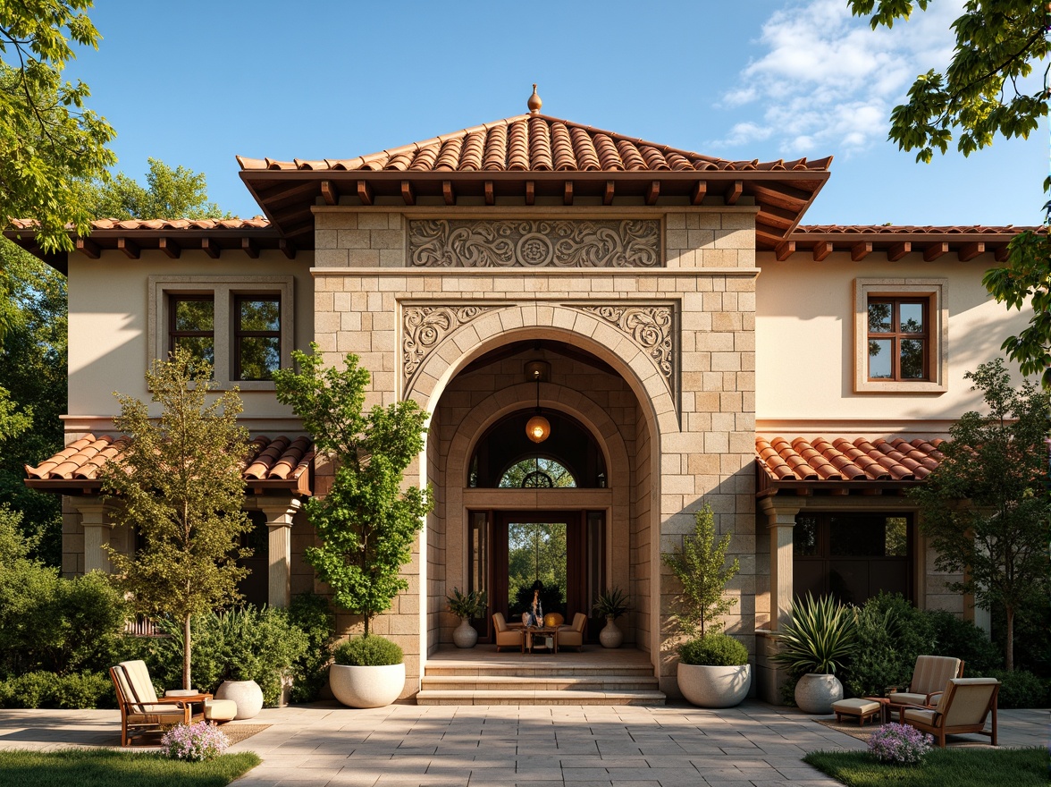 Prompt: Romanesque style building, ornate stone carvings, curved archways, grandiose entrance, terracotta roofing tiles, rustic clay shingles, weathered copper accents, intricate stonework patterns, lush greenery, blooming vines, sunny day, warm golden lighting, shallow depth of field, 3/4 composition, panoramic view, realistic textures, ambient occlusion.