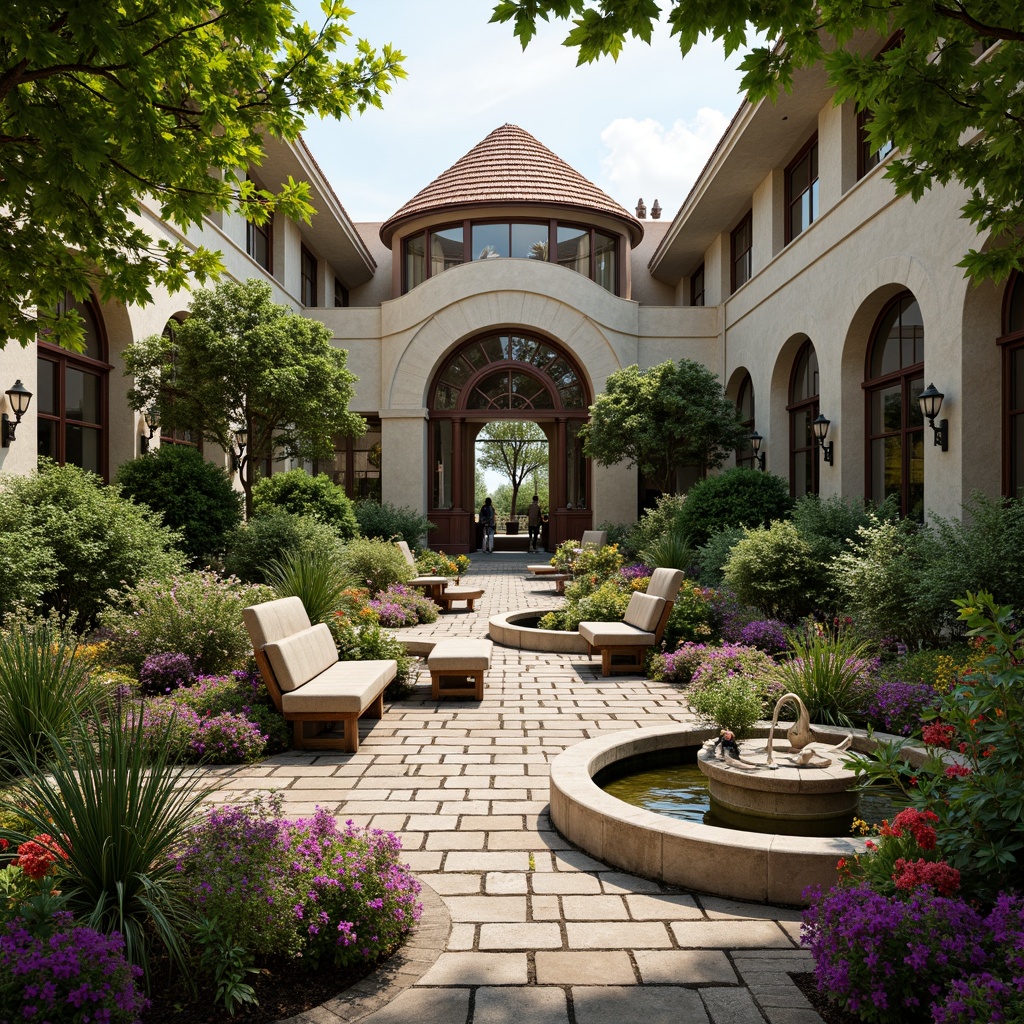 Prompt: Whimsical healthcare center, lush greenery, vibrant flowers, meandering walkways, tranquil ponds, ornate fountains, rustic stone benches, distressed wood accents, soft warm lighting, shallow depth of field, 3/4 composition, panoramic view, realistic textures, ambient occlusion, natural materials, earthy tones, curved lines, grand entrance, stately columns, elegant arches, ornate ironwork, vintage-inspired signage, serene atmosphere, peaceful ambiance.