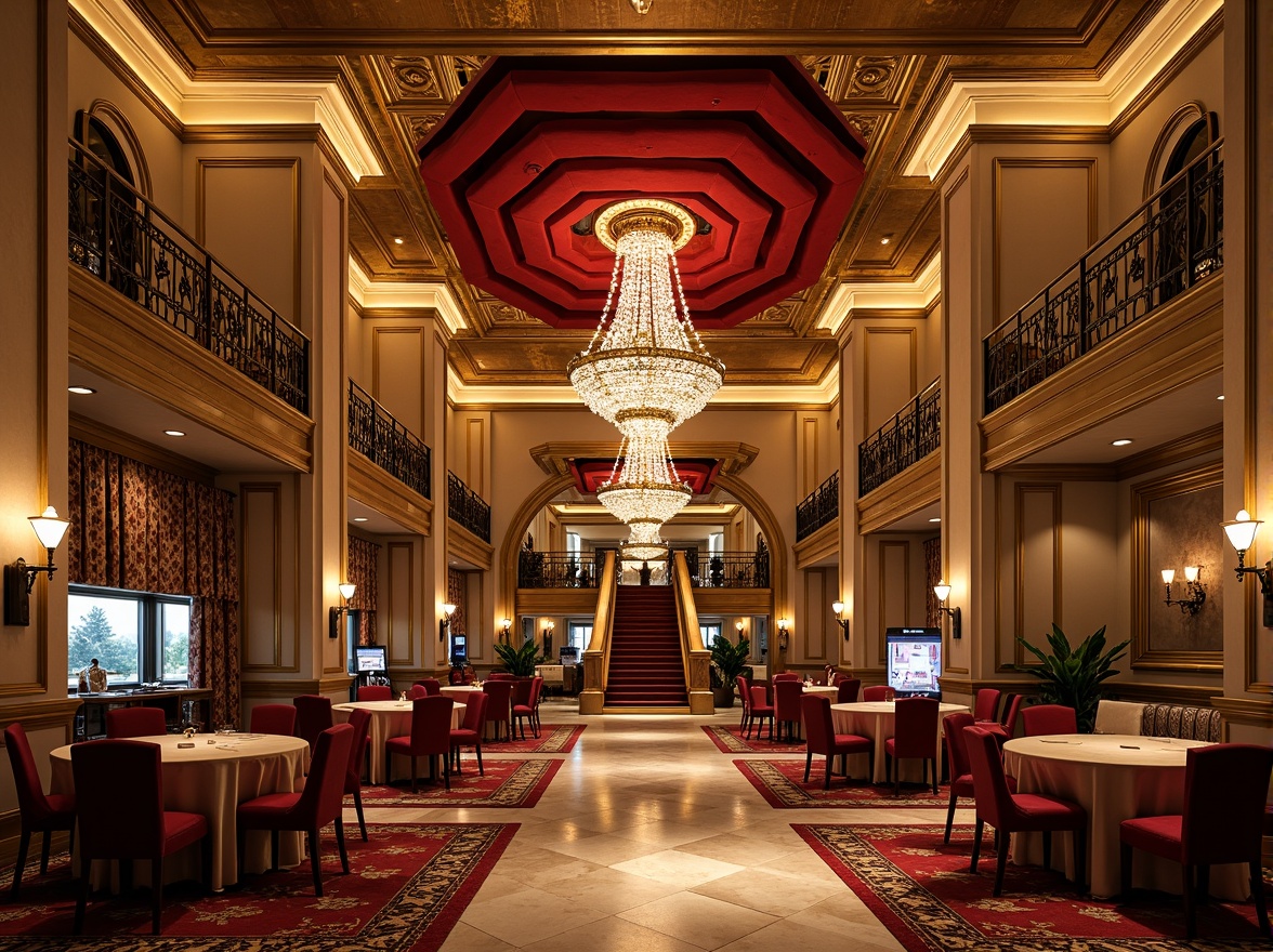 Prompt: Luxurious casino interior, rich velvet fabrics, ornate golden accents, crystal chandeliers, polished marble floors, lavish furnishings, intricate moldings, soft warm lighting, intimate ambiance, mysterious atmosphere, luxurious textiles, opulent drapery, grandiose staircases, majestic columns, ornamental metalwork, vintage decorative elements, nostalgic color palette, warm beige tones, deep red hues, sophisticated architectural details, dramatic ceiling heights, panoramic views, realistic reflections, ambient occlusion.