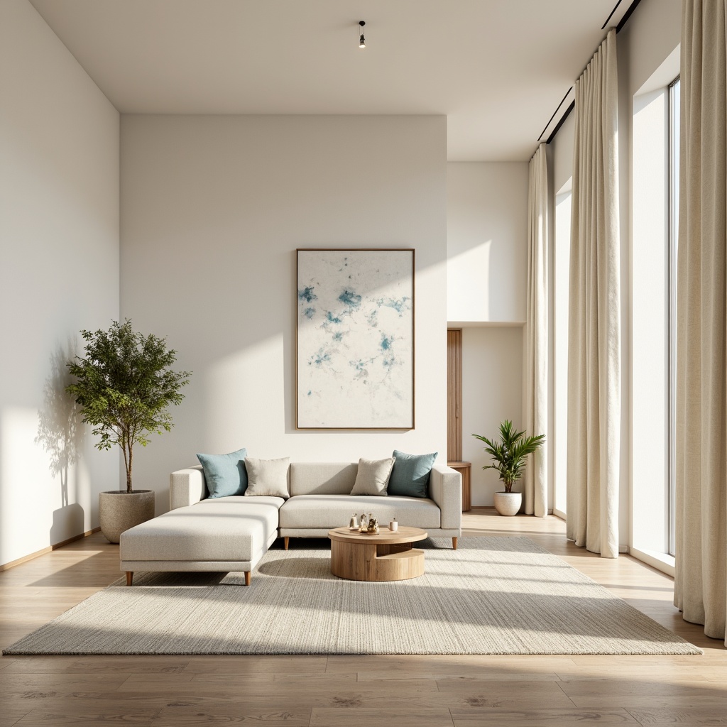 Prompt: Soft creamy whites, warm beige tones, powder blue accents, subtle gold metallic hints, natural linen textures, elegant modern furniture, minimalist decor, airy open spaces, abundant natural light, gentle warm shadows, 1/1 composition, soft focus, realistic renderings, ambient occlusion.