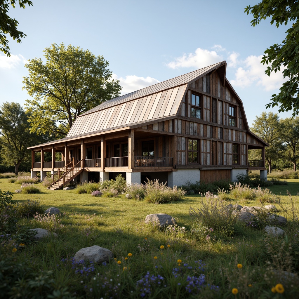 Prompt: Rustic barn, reclaimed wood, earthy tones, natural materials, weathered metal roofs, wooden beams, stone foundations, lush greenery, wildflowers, sunny day, soft warm lighting, shallow depth of field, 3/4 composition, panoramic view, realistic textures, ambient occlusion, eco-friendly design, sustainable building practices, rainwater harvesting systems, solar panels, wind turbines, composting toilets, recycled materials, low-carbon footprint, organic farm-to-table concept.