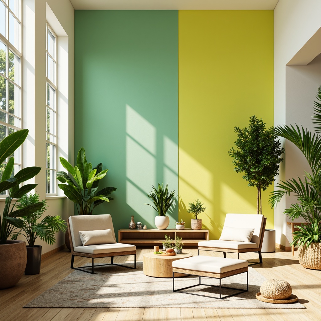 Prompt: Vibrant lime green accents, pastel yellow hues, soft mint undertones, creamy white walls, natural wood textures, modern minimalist furniture, sleek metal frames, geometric patterned rugs, abundant tropical plants, warm sunny day, shallow depth of field, 1/1 composition, realistic reflections, ambient occlusion.