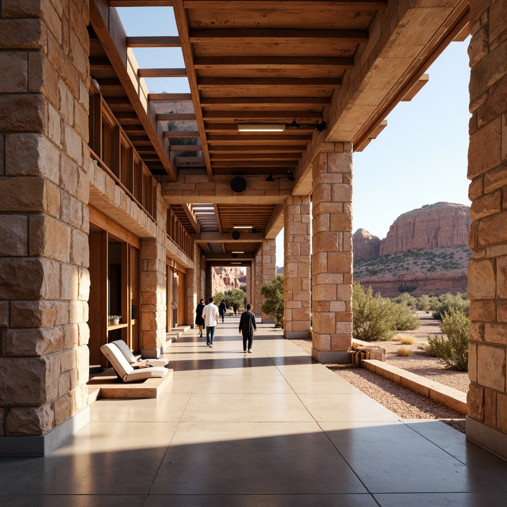 Prompt: Canyon-inspired building, rugged stone fa\u00e7ade, earthy tones, natural light pouring in, large windows, clerestory windows, skylights, open floor plans, minimalist interior design, industrial-style lighting fixtures, exposed ductwork, polished concrete floors, wooden accents, desert landscape views, red rock formations, vast open spaces, warm sunny day, soft diffused lighting, high contrast ratio, 1/1 composition, realistic textures, ambient occlusion.